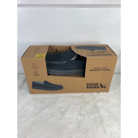 Eddie Bauer Men's Suede Memory Foam Faux Fur Slippers Charcoal M (8-9) - Picture 1 of 6